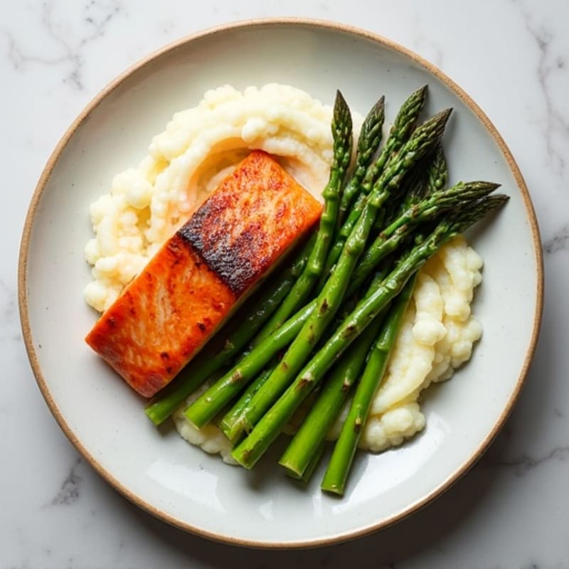 Seared Salmon with Steamed Asparagus and Cauliflower Mash