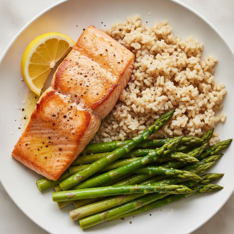 Seared Salmon with Steamed Asparagus and Brown Rice