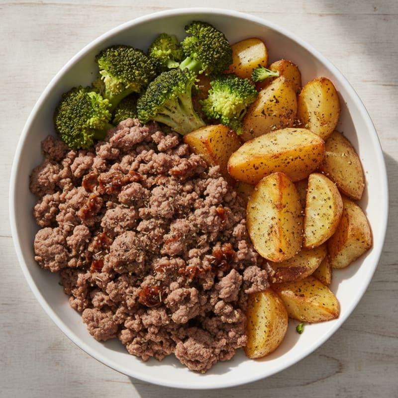 Ground Beef and Roasted Potatoes with Broccoli