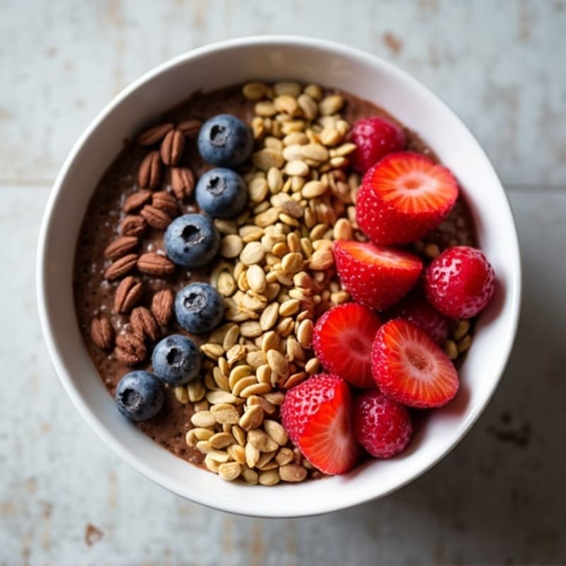 Creamy Chocolate Peanut Butter Protein Bowl with Crunchy Seed Crumble and Fresh Berries