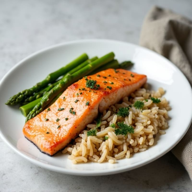 Seared Salmon with Steamed Asparagus and Brown Rice