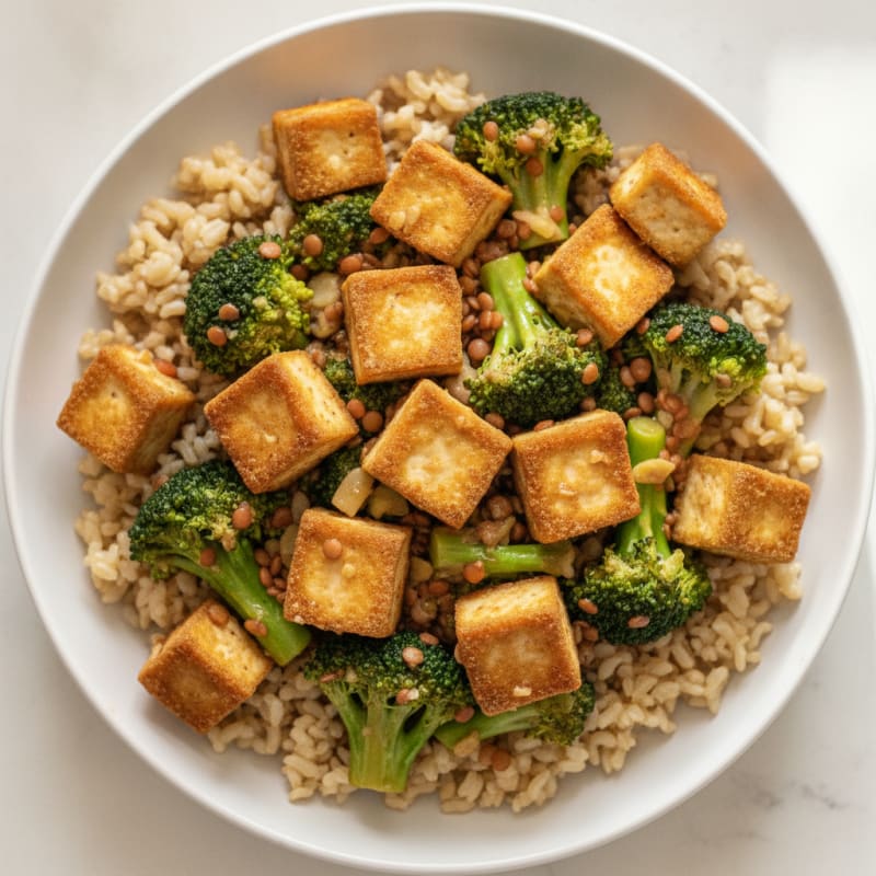 Silky Lentil and Tofu Stir Fry with Broccoli and Brown Rice