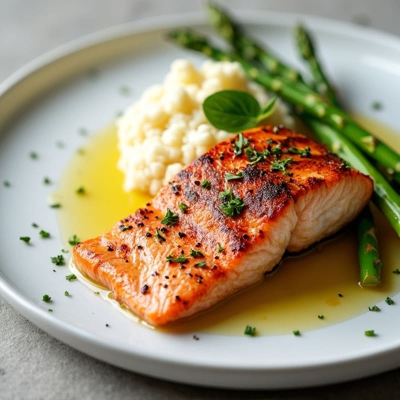 Seared Salmon Fillet with Steamed Asparagus and Cauliflower Mash