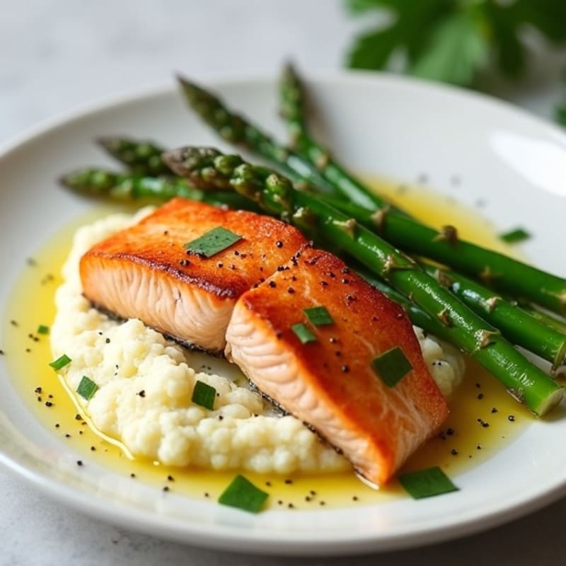 Seared Salmon with Steamed Asparagus and Garlic Cauliflower Mash