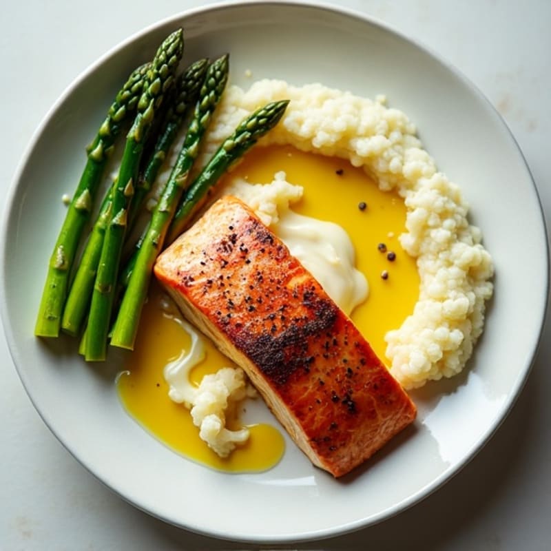 Seared Salmon with Steamed Asparagus and Cauliflower Mash