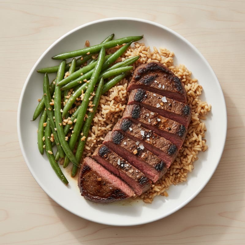 Seared Lean Steak with Garlic Green Beans and Brown Rice