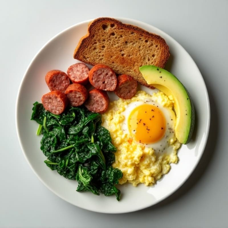 Egg White Scramble with Turkey Sausage, Sautéed Spinach, Toast & Avocado
