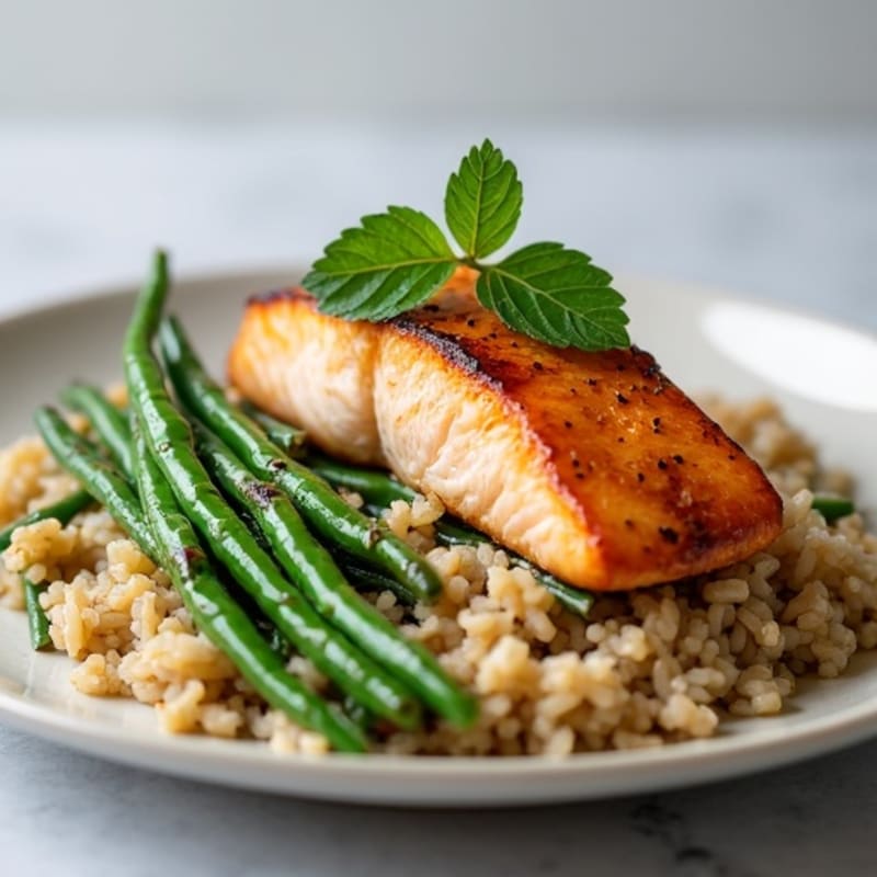 Seared Salmon with Garlic Green Beans and Brown Rice