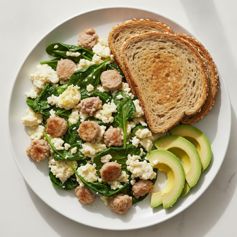 Egg White and Spinach Scramble with Turkey Sausage