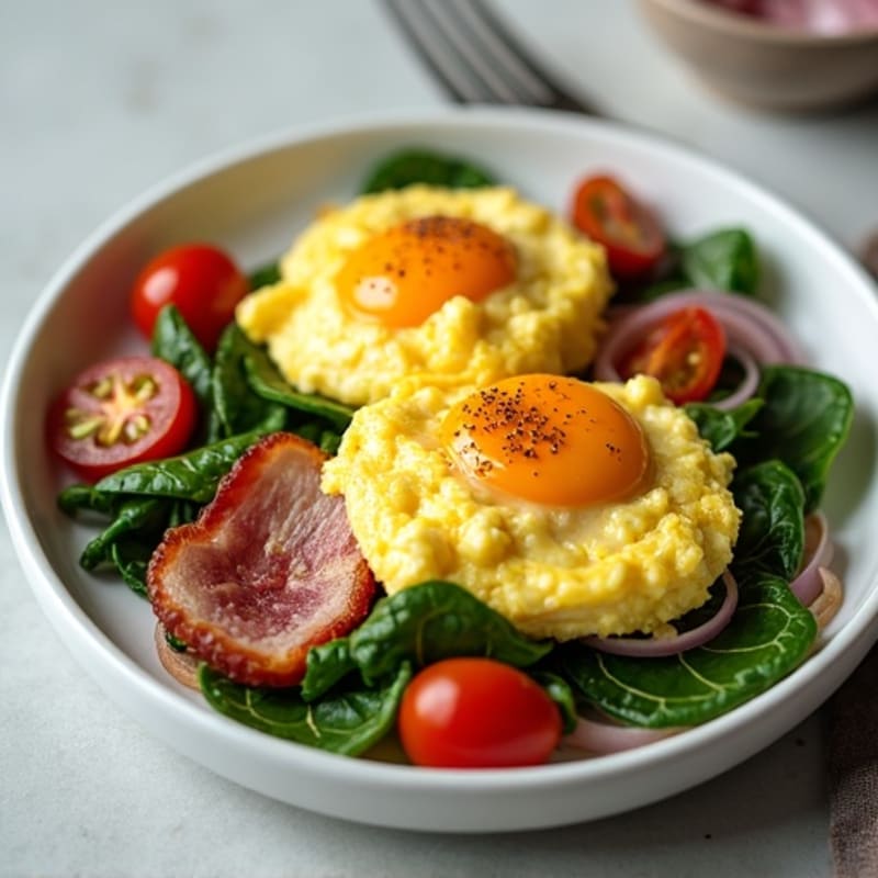Fluffy Scrambled Eggs with Sautéed Greens and Crispy Turkey Bacon