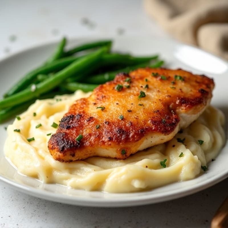 Crispy Pan-Seared Chicken with Creamy Buttery Garlic Mashed Potatoes and Tender Roasted Green Beans