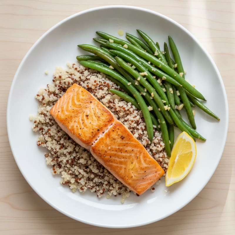 Seared Salmon Fillet with Garlic Green Beans and Quinoa