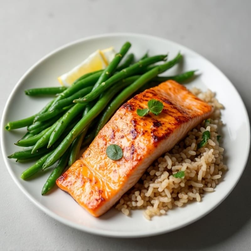 Seared Salmon Fillet with Steamed Green Beans and Brown Rice