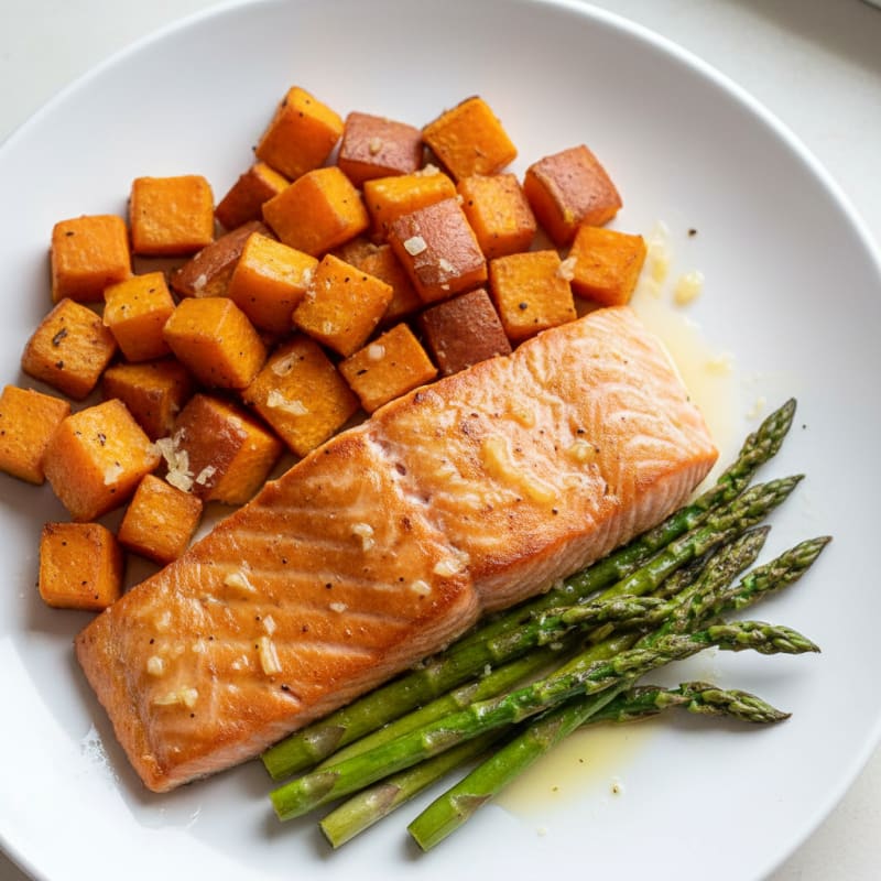 Seared Salmon Fillet with Roasted Sweet Potato and Asparagus