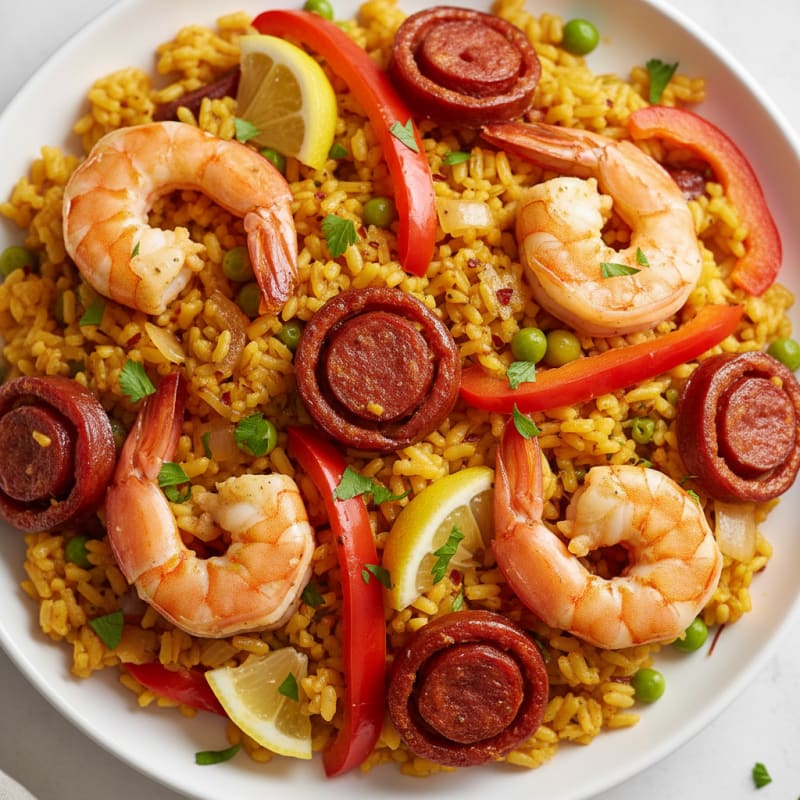 Golden Saffron Seafood Paella with Chorizo