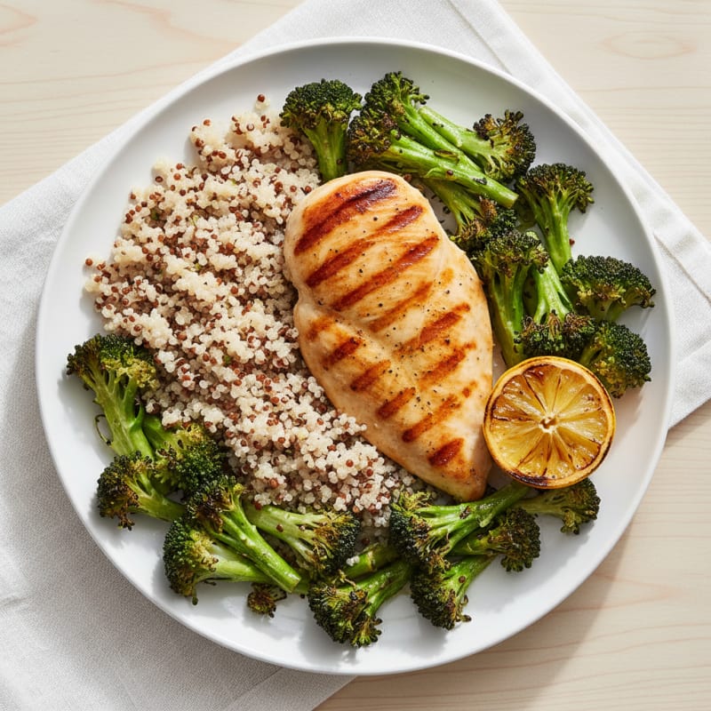 Grilled Chicken Breast with Roasted Broccoli and Quinoa