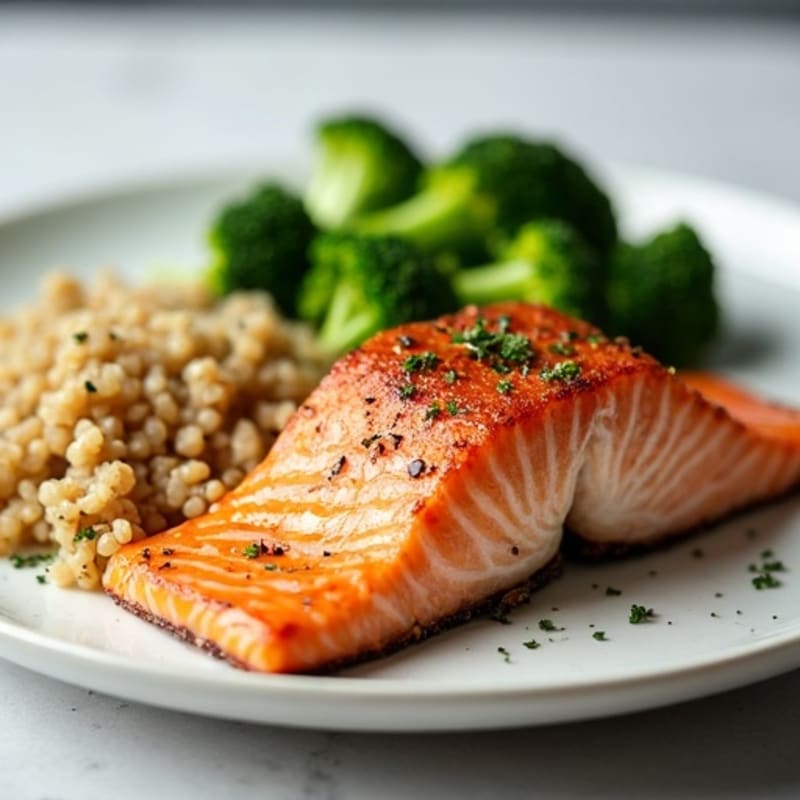 Seared Salmon with Steamed Broccoli and Quinoa