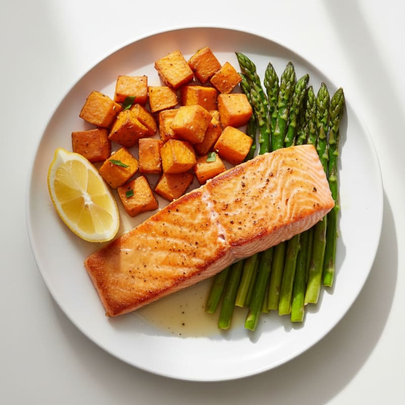Seared Salmon with Roasted Sweet Potato and Asparagus