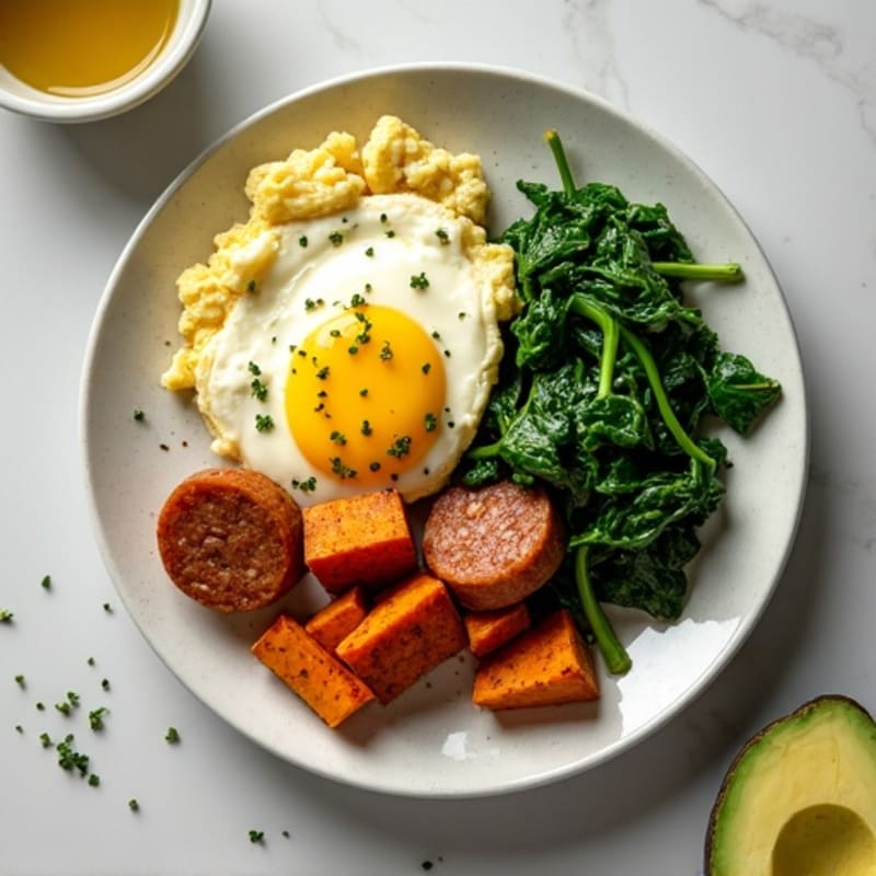 Egg White and Turkey Sausage Scramble with Sautéed Spinach and Sweet Potato