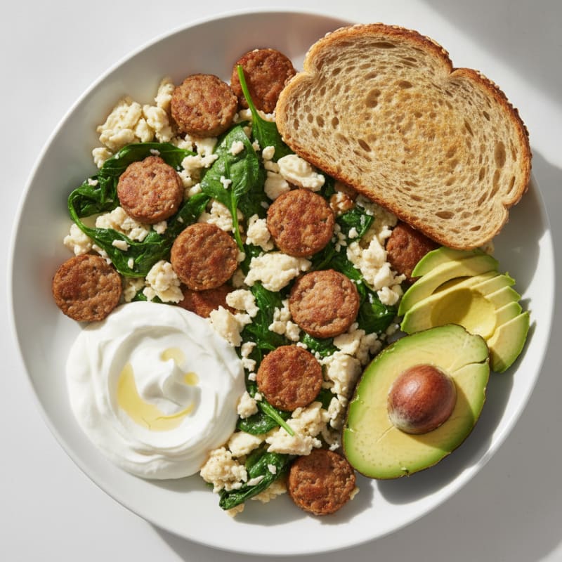 Egg White Spinach Scramble with Turkey Sausage and Greek Yogurt