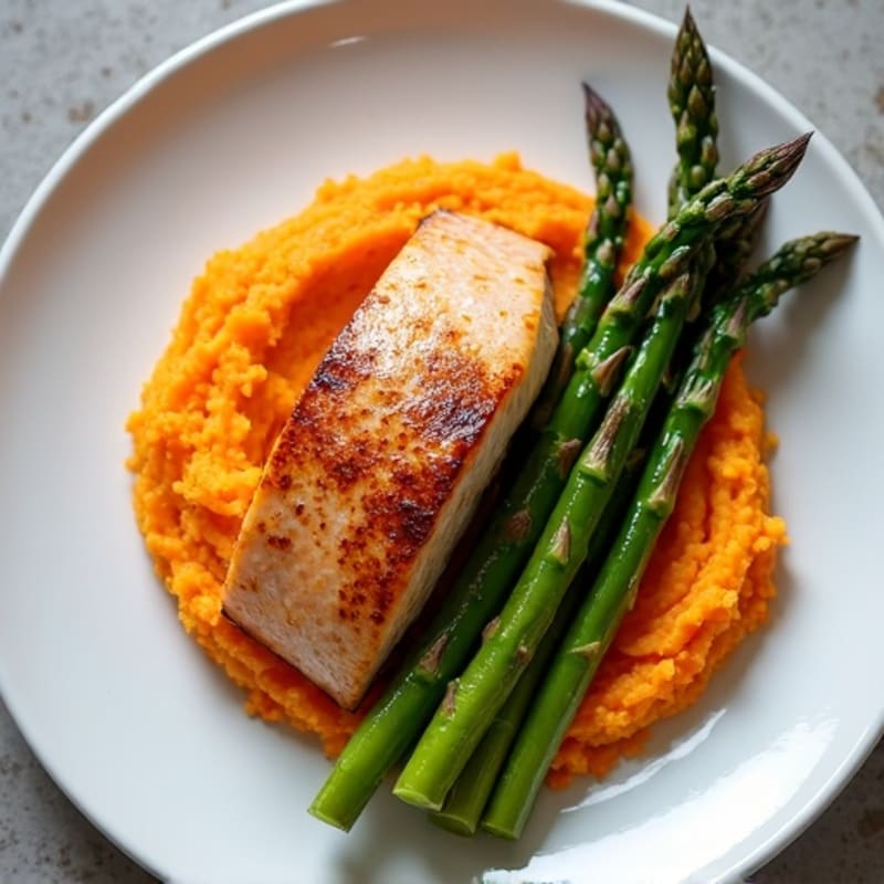 Seared Salmon Fillet with Roasted Asparagus and Sweet Potato Mash
