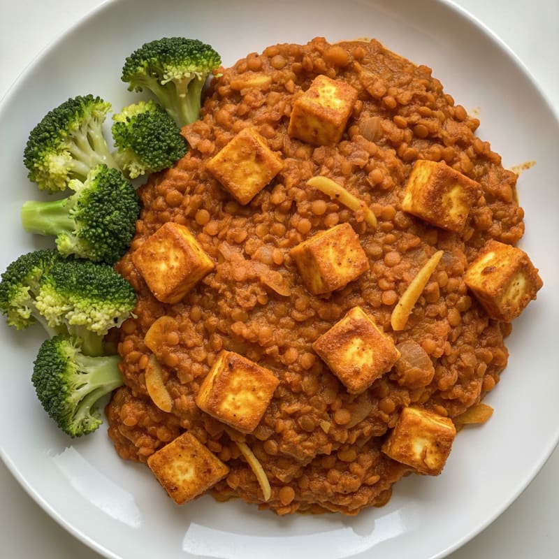 Paneer and Lentil Curry with Steamed Broccoli