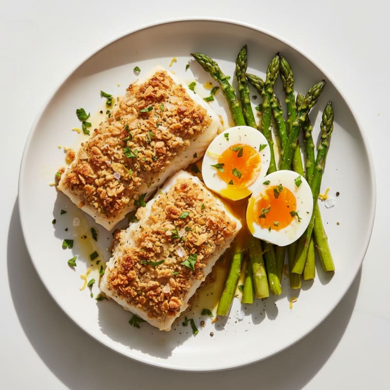 Baked Cod with Lemon-Herb Crumb and Soft-Boiled Egg