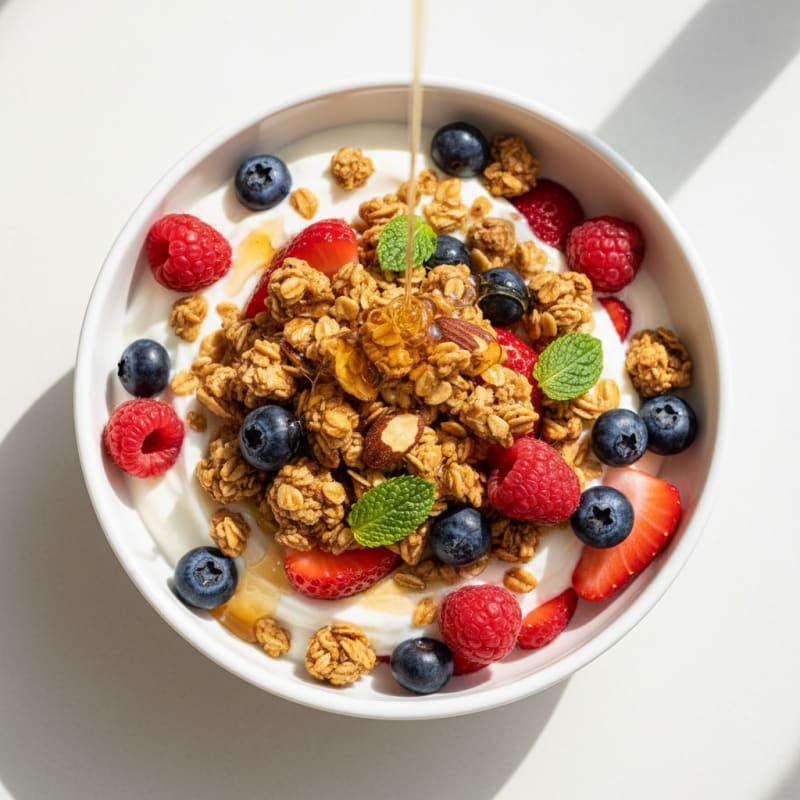 Greek Yogurt Parfait with Crunchy Almond Granola and Fresh Berries