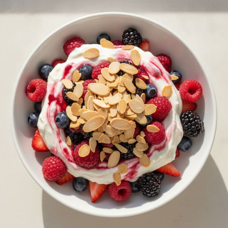 Greek Yogurt Protein Parfait with Mixed Berries and Almonds