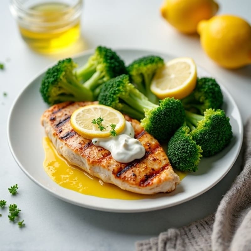 Grilled Chicken Breast with Steamed Broccoli and Lemon