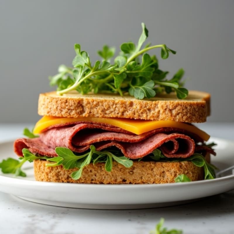 Lean Roast Beef and Sharp Cheddar Whole Grain Sandwich with Crispy Arugula