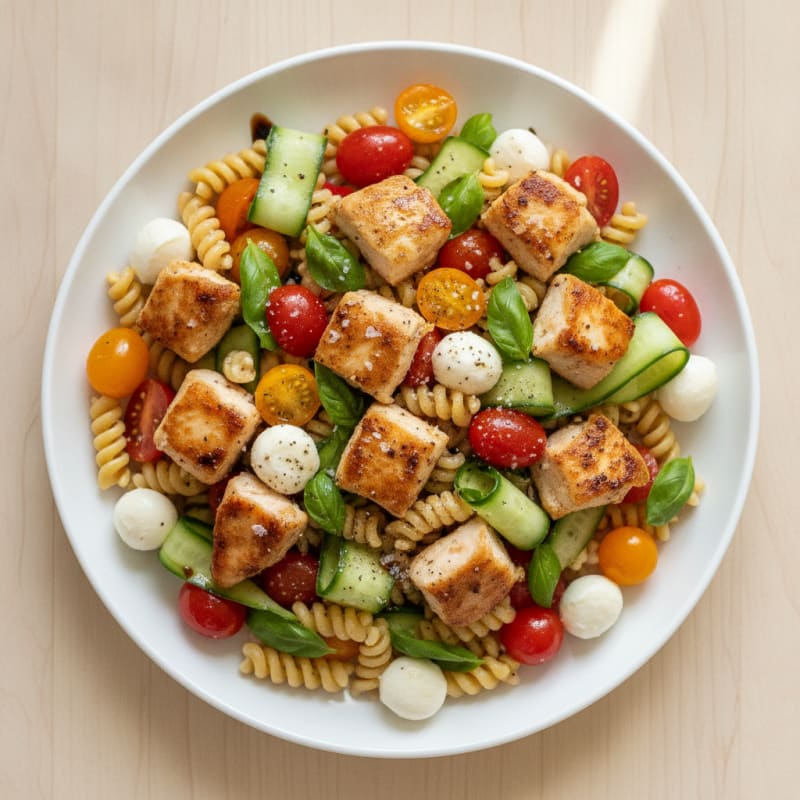 Caprese Chicken Pasta with Cucumber and Mozzarella