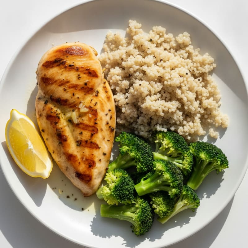 Grilled Chicken Breast with Steamed Broccoli and Quinoa