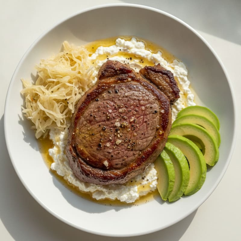 Pan-Seared Steak with Tangy Kraut and Avocado