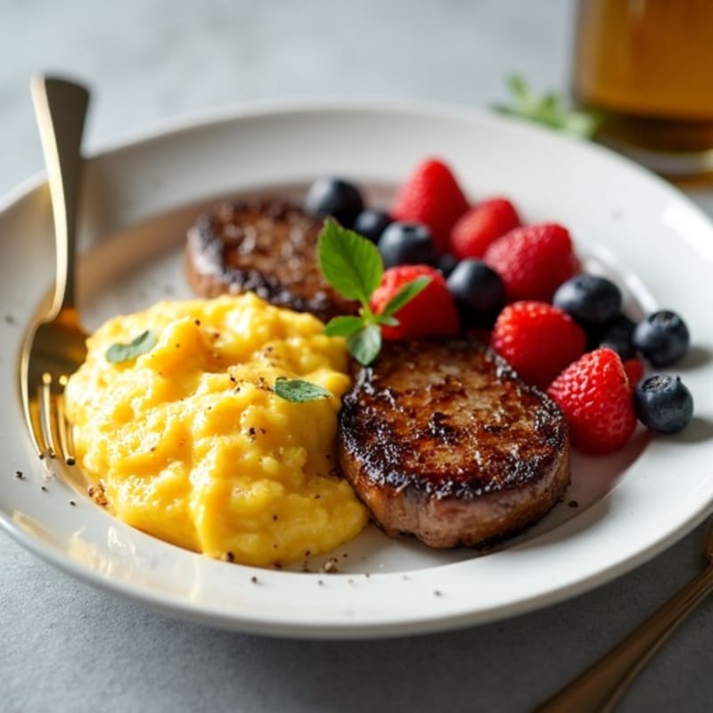 Pan-Seared Steak with Scrambled Eggs and Fresh Berries