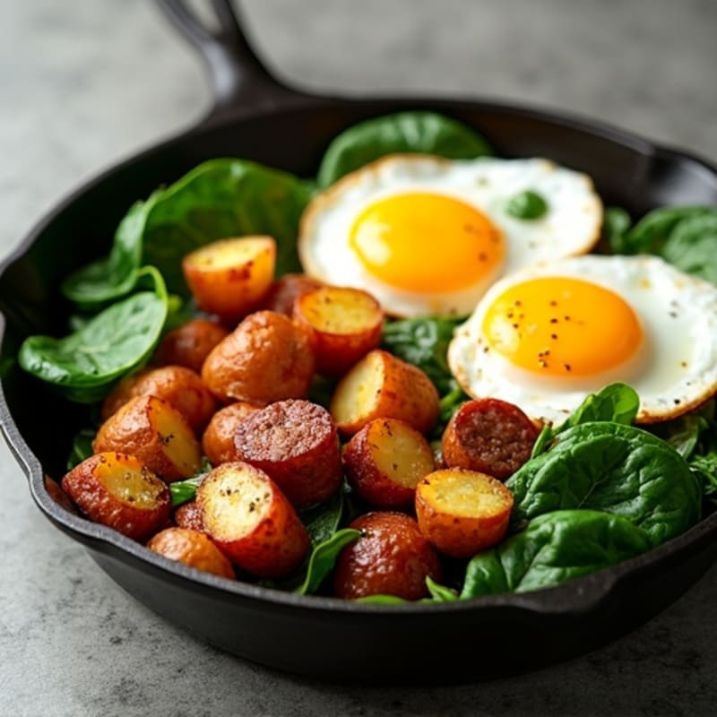 Hearty Egg and Crispy Potato Skillet with Lean Turkey Sausage and Fresh Spinach