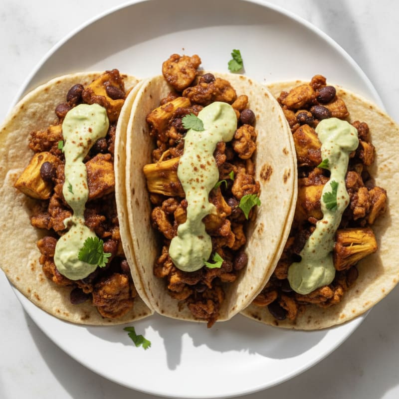 Jackfruit Adobo Tacos with Avocado Crema