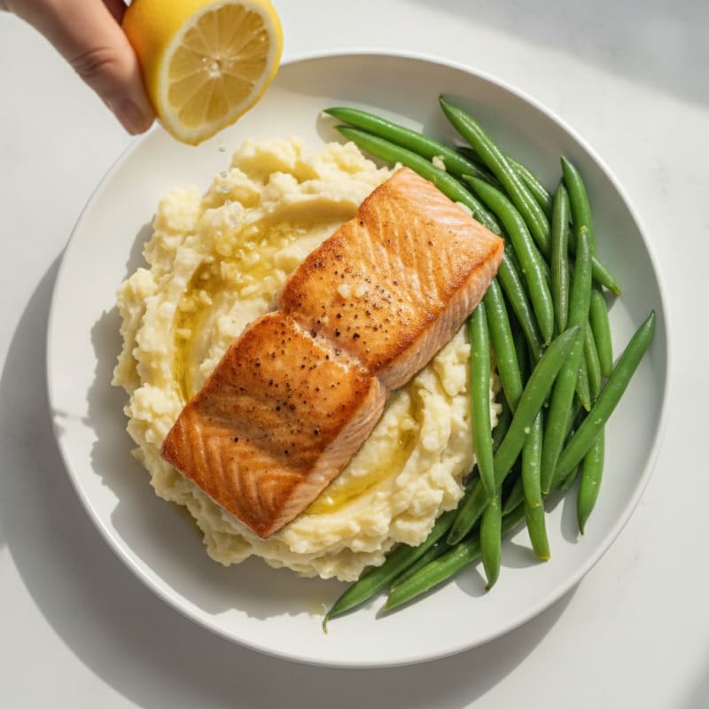 Pan-Seared Salmon with Steamed Green Beans and Garlic Mashed Potatoes