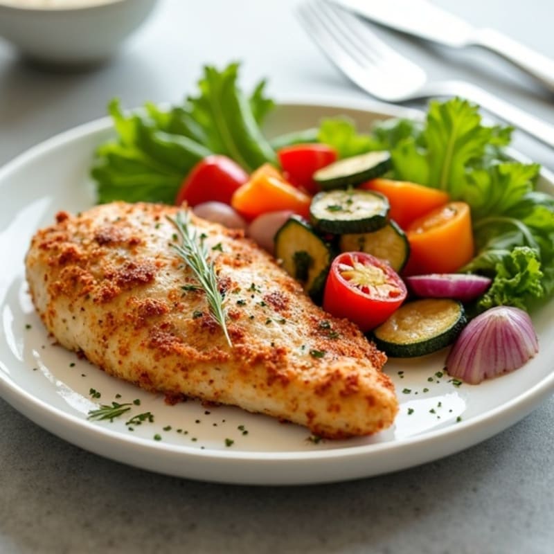 Crispy Spiced Chicken and Roasted Vegetables with Creamy Garlic Dressing
