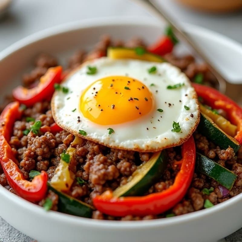 Lean Ground Beef and Roasted Vegetable Skillet