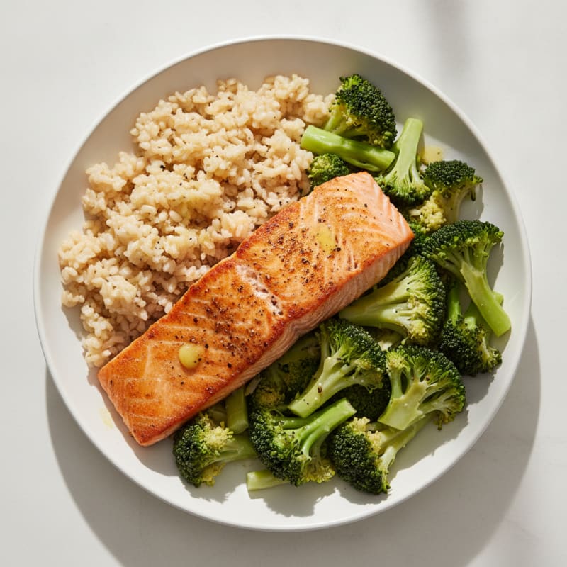 Seared Salmon with Steamed Broccoli and Brown Rice