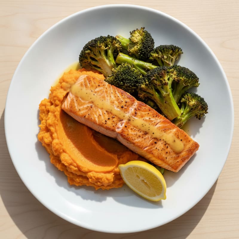 Seared Salmon with Roasted Broccoli and Sweet Potato Mash