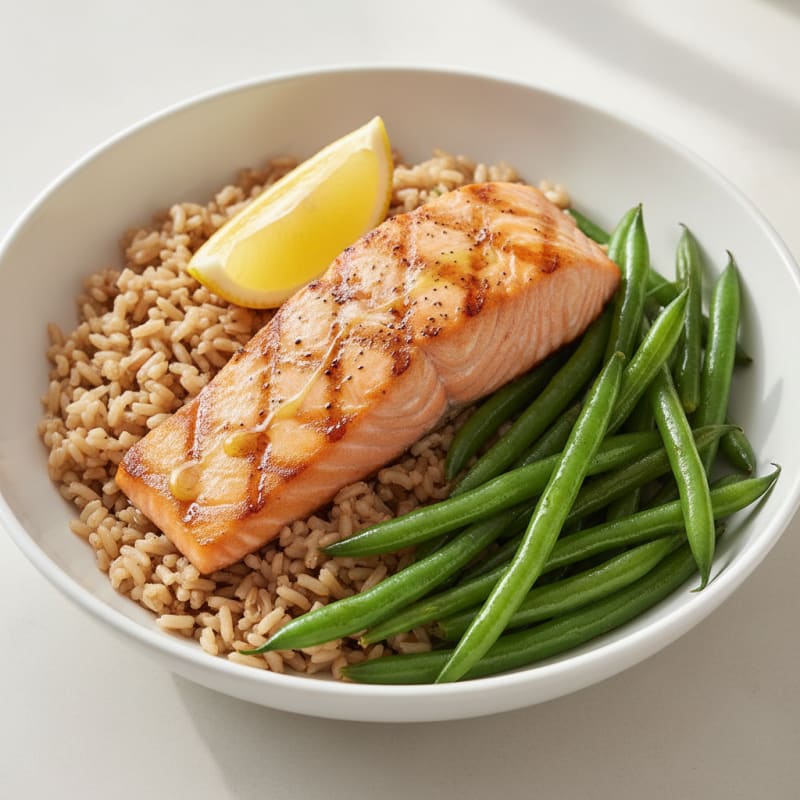 Seared Salmon Fillet with Steamed Green Beans and Brown Rice