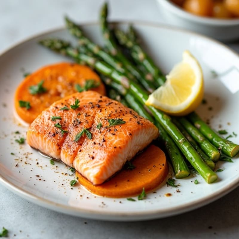 Pan Seared Salmon with Roasted Sweet Potato and Asparagus