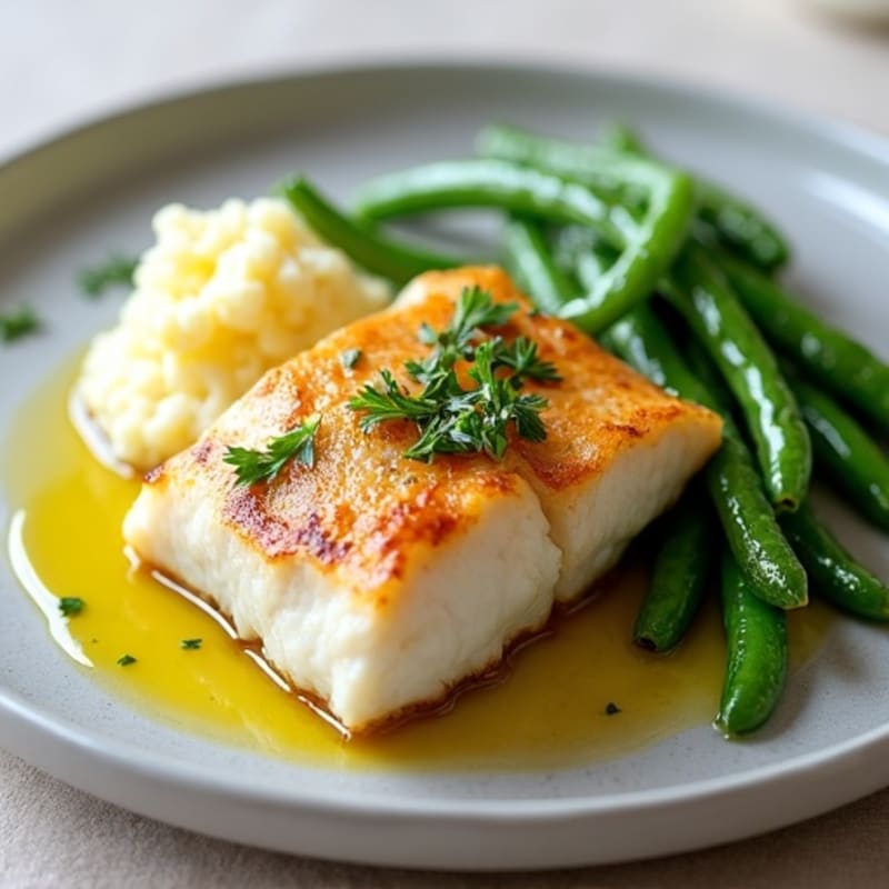 Seared Cod with Lemon Garlic Green Beans and Cauliflower Mash