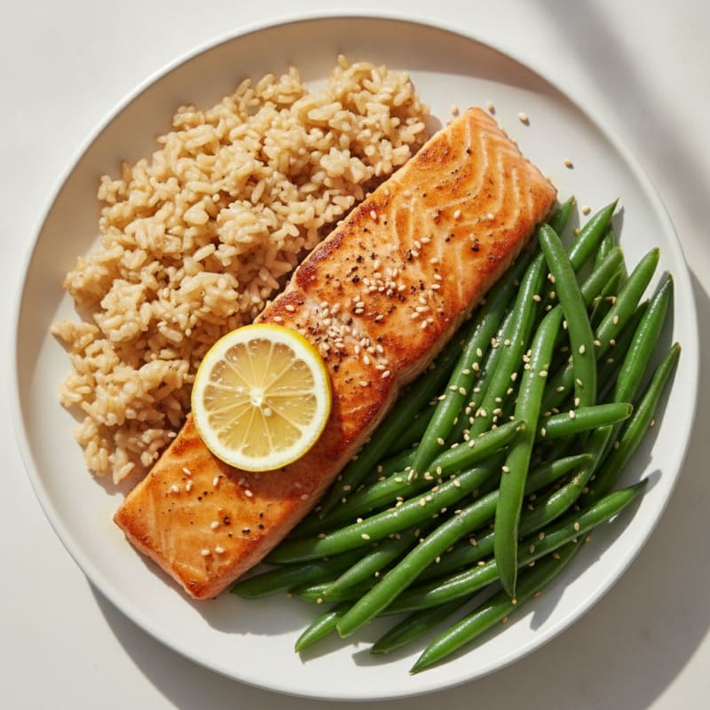 Seared Salmon with Steamed Green Beans and Brown Rice