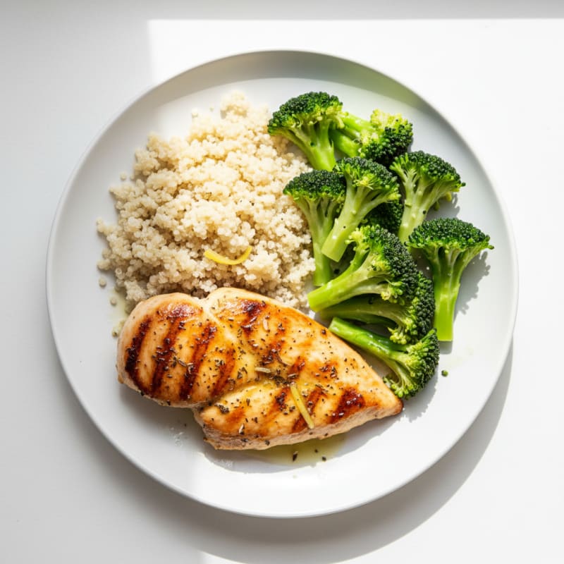 Grilled Lemon Herb Chicken Breast with Quinoa and Steamed Broccoli