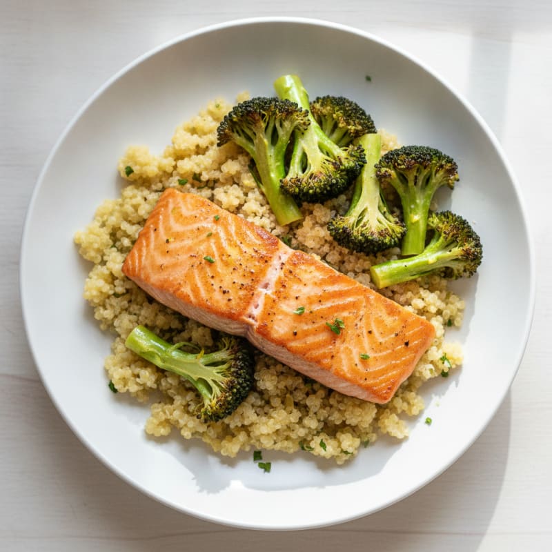 Seared Salmon with Roasted Broccoli and Lemon Quinoa