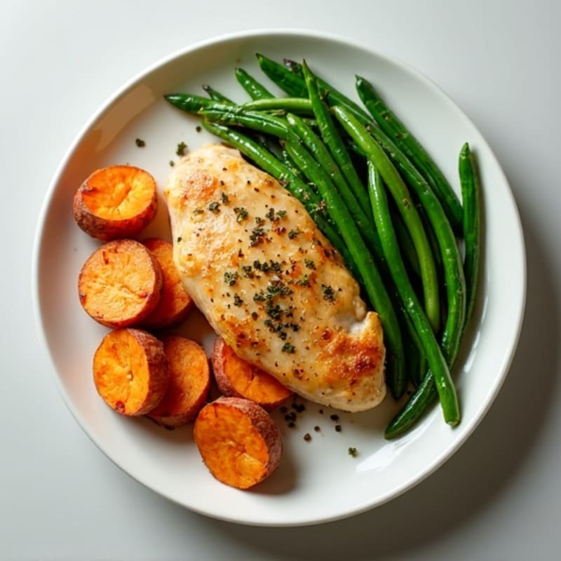Lemon-Herb Roasted Chicken with Crispy Roasted Sweet Potatoes and Green Beans