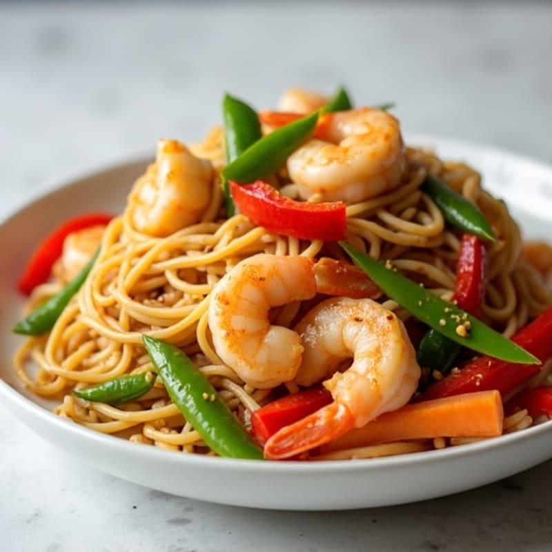 Shrimp Stir-Fried Noodles with Creamy Peanut Sauce and Crisp Vegetables